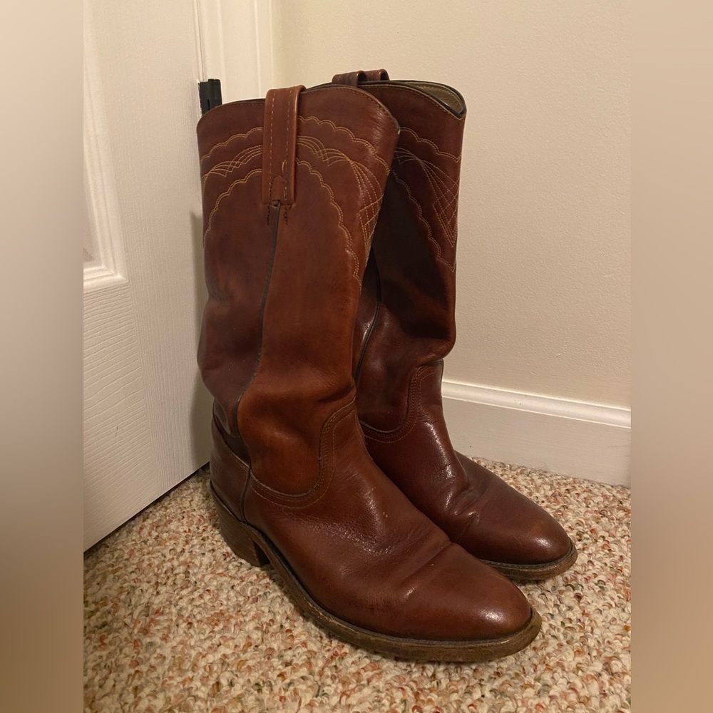 Frye Brown Leather Western Pull-On Cowboy Boots